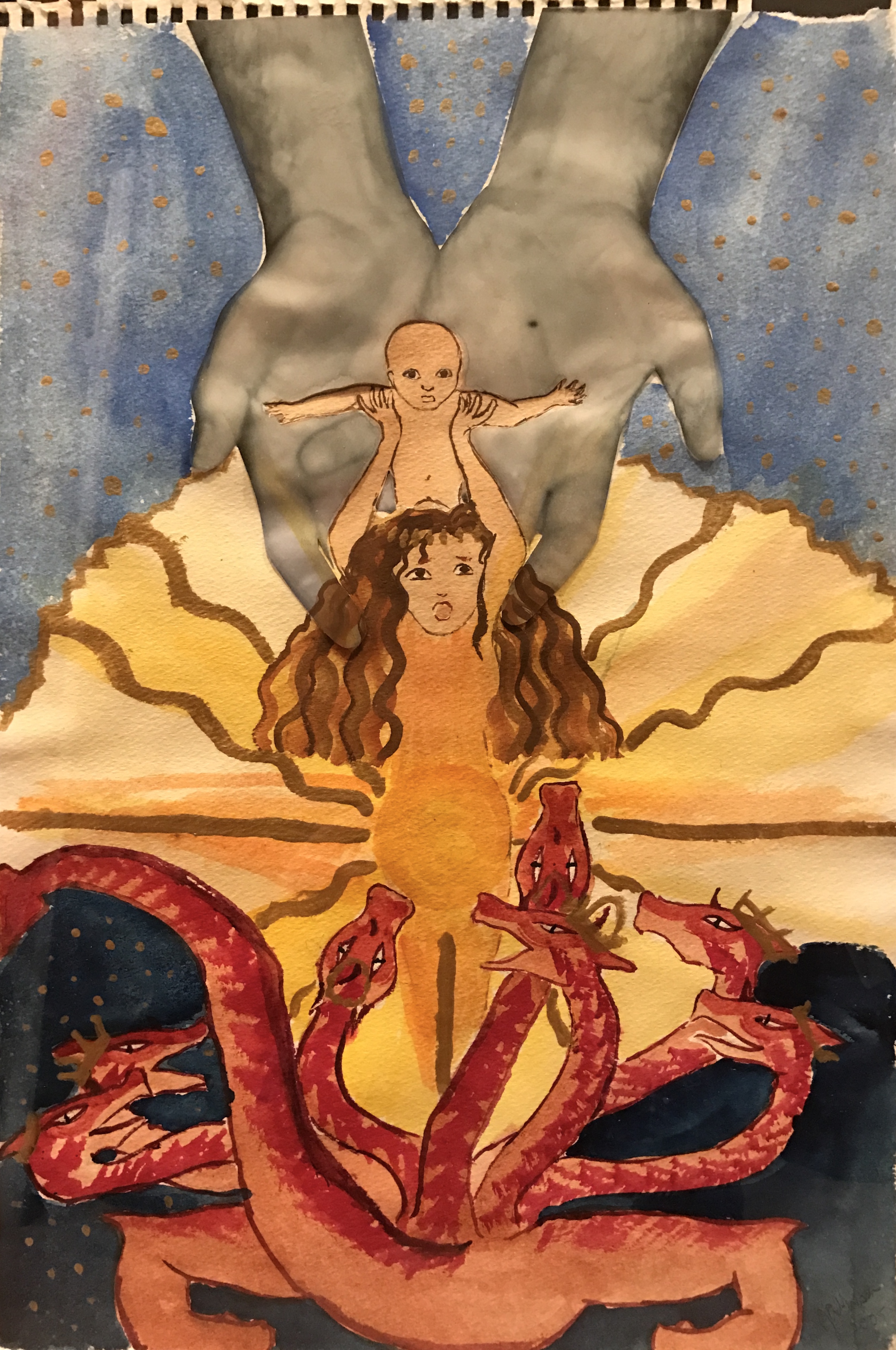 Mixed media image of a woman "clothed with the sun" holding a naked baby up into some large human hands descending from the top of the image. Below the woman is a multi-headed red dragon.